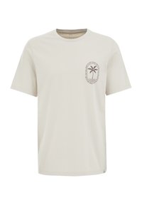 Lysbeige bomulds t-shirt med korte ærmer, med et palmetræ grafik og cirkelformet tekstdesign på venstre brystområde. Simple rund halsudskæring.