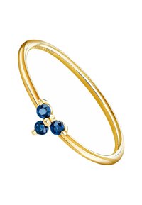 Pulsera de oro con un acabado suave y pulido que presenta tres cristales facetados de color azul oscuro dispuestos en un acento de racimo.