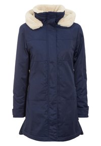 Granatowy wodoodporny płaszcz z kapturkiem podbitym sztucznym futrem, z kieszeniami na zamek i prostym krojem. Posiada współczesną podszewkę.