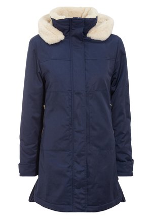 Abrigo impermeable azul marino con capucha forrada de pelaje sintético, bolsillos con cremallera y corte recto. Presenta un forro interior a juego.