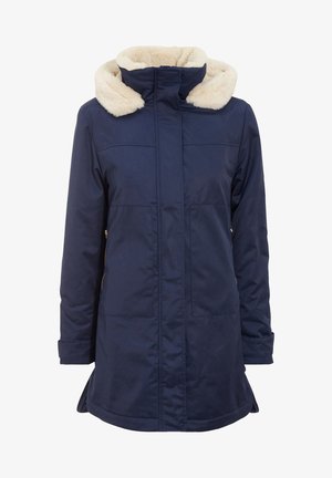 Marineblauer wasserdichter Mantel mit einer Kapuze aus Kunstfell, Reißverschlusstaschen und gerader Schnittführung. Verfügt über ein passendes Innenfutter.