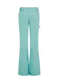 Lyžiarske nohavice v aqua farbe vyrobené z elastického materiálu, s dizajnom rozšírených nohavíc, bočnou vreckom na zips a zosilnenými panelmi na kolenách.
