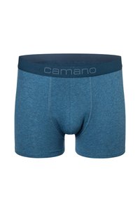 Blauwe katoenmix boxershorts met een zachte textuur, voorzien van een marineblauwe tailleband en de merknaam "camano" in grijs gedrukt.