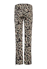 Luipaardprint broeken in crème, zwart en bruin. Slim fit met ritssluitingen aan de zijkanten van de zoom. Gemaakt van een gladde, lichtgewicht stof.