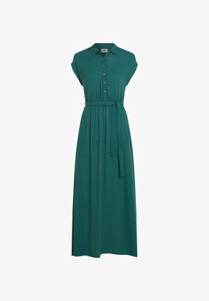 Groene jurk tot op de knie in lichtgewicht stof, met een kraag, knoopsluiting, korte mouwen en taillekoord.