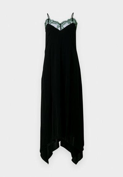 Czarna sukienka z regulowanymi ramiączkami, z koronkowym zielonym wykończeniem przy dekolcie i asymetrycznym krojem dołu.