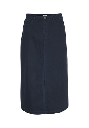 Navy denim skirt with a front slit, fitted waist, belt loops, and classic five-pocket design. Made of sturdy cotton fabric.