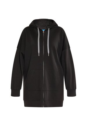 Schwarze Zip-Hoodie mit einer Fronttasche, oversized Schnitt und verstellbaren Zugbändern. Hergestellt aus weichem Stoff mit glatter Textur.