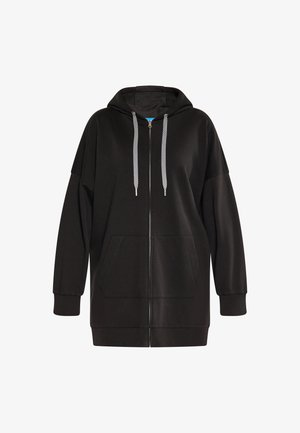 Schwarze Zip-Hoodie mit einer Fronttasche, oversized Schnitt und verstellbaren Zugbändern. Hergestellt aus weichem Stoff mit glatter Textur.