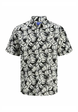 Chemise noire à manches courtes avec motif de feuilles blanches, devant à boutons et col classique ; fabriquée en tissu léger.