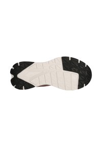 Schoenzool met een gestructureerd oppervlak, een zwarte rubberen hak en een witte tussenzool, die geometrische patronen voor grip laat zien.