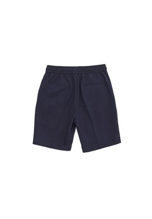Pantaloncini blu navy con elastico in vita e due tasche posteriori a filetto, mostrati distesi su sfondo bianco.