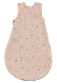 Schlafsack aus weichem, strukturiertem Stoff in hellem Beige mit einem gesteppten Muster, das kleine braune und weiße Blumenmuster zeigt. Reißverschluss.