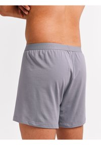 Grijze katoenen boxershorts met een elastische tailleband en subtiele reliëfbranding. Glad oppervlak en een aansluitend ontwerp, met een achteraanzicht.