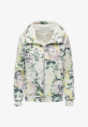 Bluza z kapturem zapinana na zamek z kwiatowym wzorem w pastelowych kolorach, wyposażona w sznurki ściągające, boczne kieszenie i ściągacze przy mankietach dla lepszego dopasowania.