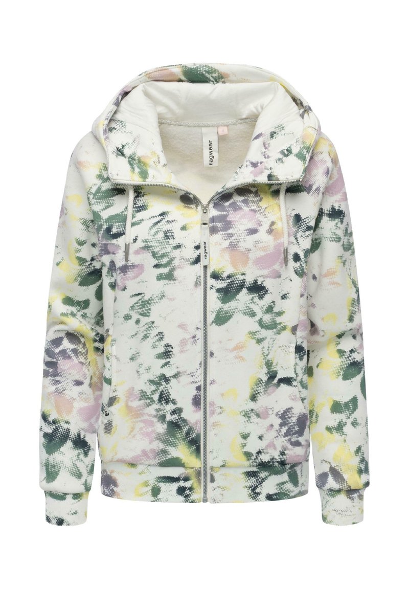 Bluza z kapturem zapinana na zamek z kwiatowym wzorem w pastelowych kolorach, wyposażona w sznurki ściągające, boczne kieszenie i ściągacze przy mankietach dla lepszego dopasowania.