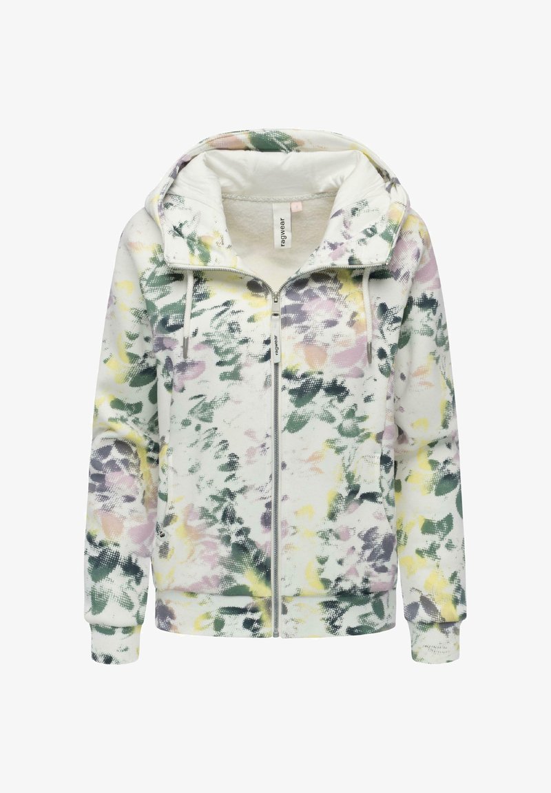 Felpa con cappuccio a zip con motivo floreale in colori pastello, dotata di lacci, tasche laterali e polsini a costine per una vestibilità aderente.