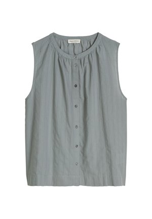 Ärmellose hellgraue Bluse mit Knopfleiste, feinen vertikalen Streifen und rundem Ausschnitt.