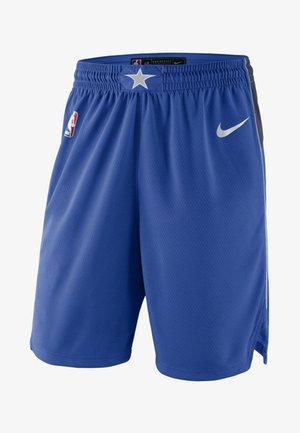 Shorts de sport bleus en tissu mesh respirant ; dotés d'une taille élastique, d'accents sur les panneaux latéraux et d'un logo Nike gris clair.