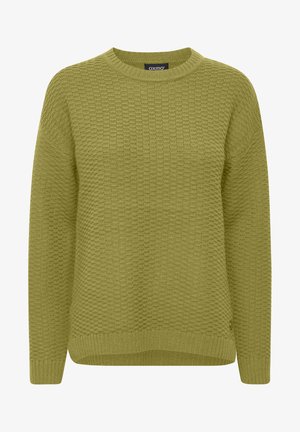Pull en tricot vert avec un motif texturé, col rond et poignets et ourlet côtelés. Tissu léger avec une coupe décontractée.