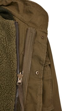 Olive green jacket featuring a zip closure, soft fleece lining, and metal hardware, with visible stitching and a textured finish.