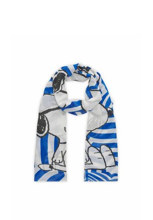 Foulard léger à rayures bleues et blanches, avec un motif de chien dessin animé noir et blanc, plié en boucle.