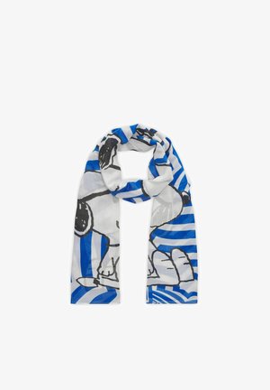 Leichter Schal mit blauen und weißen Streifen, mit einem schwarz-weißen Cartoon-Hund-Design, zu einer Schlaufe gefaltet.