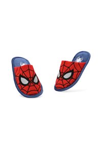 Zapatillas infantiles rojas y azules con diseño de Spider-Man, fabricadas en tejido suave, con punta redondeada y suela antideslizante con el logotipo de una araña en el tacón.