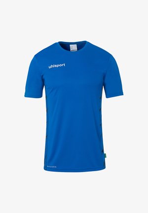 Blå atletisk skjorte lavet af åndbart materiale. Har rund hals, korte ærmer og sidestriber med kontrastfarver.