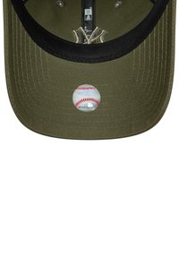 Olive green baseball cap with a black brim. Centered on the brim is a circular logo of a baseball with stitching details.