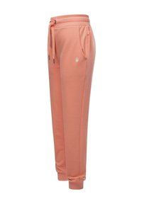 Ljus persikofärgade sweatpants i mjukt tyg, med ribbad midja, dragsko och elastiska muddars. Inkluderar sidofickor.
