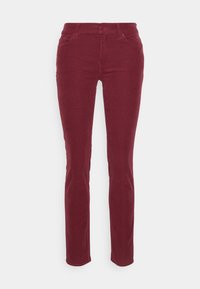 Bordeaux-katoenen broek, slim fit, met een rits en knoopsluiting. Voorzien van vijf zakken en een gladde textuur.