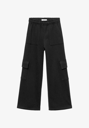 Pantalon cargo noir avec taille élastique, coupe large et deux poches plaquées de chaque côté. Confectionné dans un matériau doux et texturé.