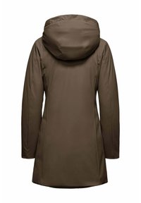 Bruine waterdichte jas met capuchon, met een gladde textuur, lange mouwen en een taps toelopende taille voor een getailleerd silhouet.