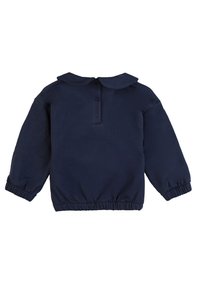 Maglione blu navy con colletto tondo, patta con bottoni e polsini ed orlo elasticizzati. Realizzato in morbido tessuto testurizzato.