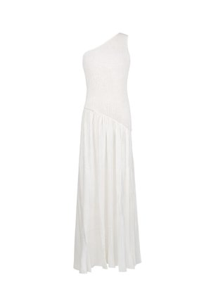 Vestido maxi blanco sin mangas con un solo hombro, con corsé ajustado y texturizado y falda plisada y fluida.