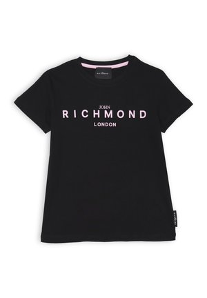 T-shirt nera a maniche corte con grande scritta bianca e rosa "JOHN RICHMOND LONDON" sul davanti. Materiale in cotone morbido, scollo rotondo.