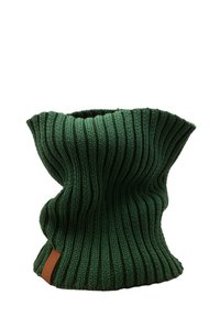 Żółtozielony ocieplacz na szyję z prążkowanego dzianego materiału o miękkiej fakturze i brązową skórzaną metką, prezentujący szeroki, luźny fason zapewniający dodatkowy komfort.
