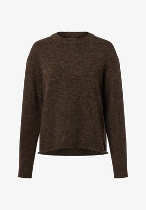 Maglione marrone lavorato a maglia con colletto rotondo, maniche lunghe, vestibilità ampia e orlo posteriore leggermente più lungo. Finitura morbida e testurizzata con fibre sottili.
