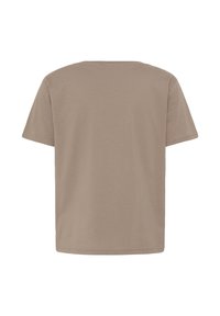 T-shirt beige uni à manches courtes vu de dos avec un col rond et un ourlet droit.