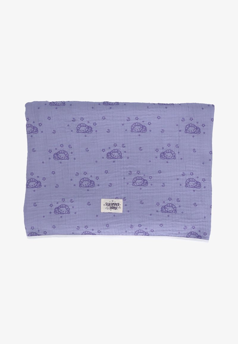 Purple muslin blanket featuring a pattern of clouds, stars, and moons; soft texture and a sewn label with the brand name on one side.
