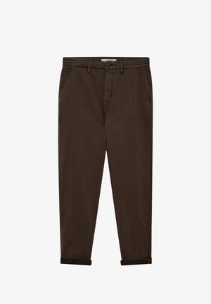 Brown cotton chinos with a straight fit, featuring two front pockets, a single button closure, and rolled cuffs at the ankles.