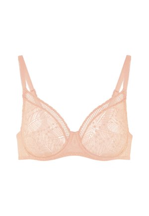 Lace onderwired bra in een zachte perzik kleur met doorschijnende bandjes, bloemmotief en een golvende randafwerking. Biedt gestructureerde ondersteuning.
