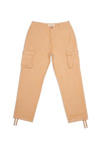 Tan corduroy cargobroeken met twee zijzakken, toelopende benen en trekkoorden aan de onderkant. Getextureerde stof met een zichtbaar ribbelpatroon.