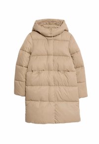 Beige pufjakke med hætte, der har en quiltet design og trykknapdetaljer. Fremstillet af glat, let stof.