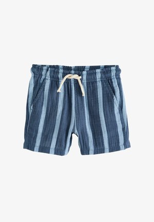 Pantaloni scurți cu dungi albastre și albastru deschis, cu talie elastică, șnur și buzunare laterale, fabricați dintr-un material ușor.
