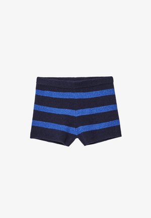 Pantaloncini in maglia blu navy con tre strisce orizzontali in azzurro più chiaro. Tessuto morbido, vita elastica e taglio aderente.
