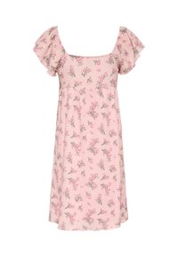 Robe midi rose avec manches bouffantes, encolure carrée et petit imprimé floral vert et rose.