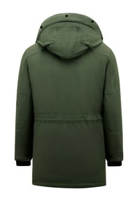 Olijfgroene parka met capuchon, voorzien van een gladde textuur, zijzakken en elastische manchetten. Rechte snit met verstevigde stikdetails.
