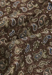 Paisley stof med en brun baggrund og indviklede blå og grønne paisley-mønstre. Blød tekstur med fine detaljer gennem hele stoffet.